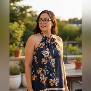 Floral Halter Midi Dress - Navy and Orange